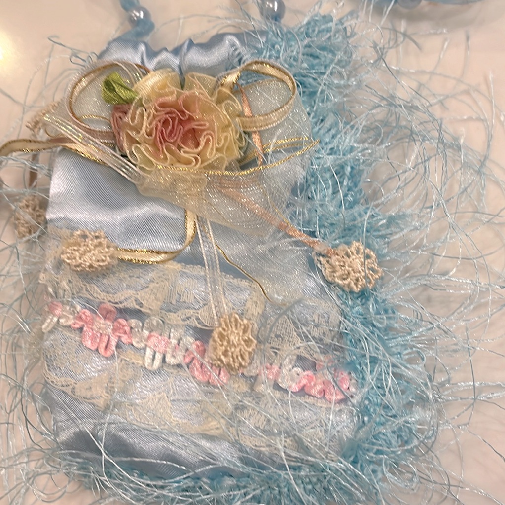 Baby Blue Bag. Beautifully Done Long Strap With Blue Pearls. Lace & Tiny Flowers